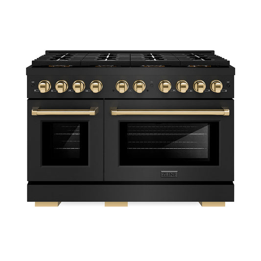 ZLINE 48 in. Gas Range – Paramount Series – 6.7 cu. ft. Dual Oven Capacity – 8 Burner DuoPro™ Cooktop – Black Stainless Steel with Polished Gold Accents (PSGRBZ-48-G)