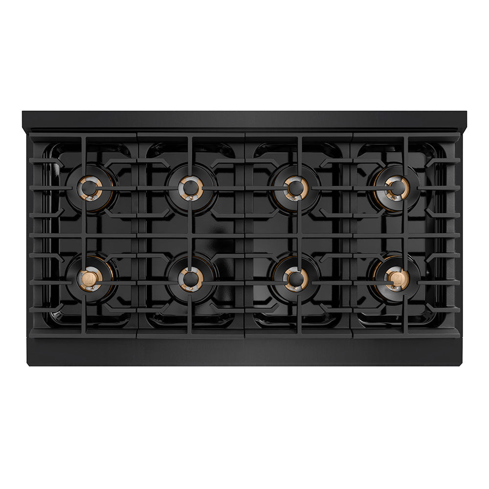 ZLINE 48 in. Gas Range – Paramount Series – 6.7 cu. ft. Dual Oven Capacity – 8 Burner DuoPro™ Cooktop – Black Stainless Steel with Polished Gold Accents (PSGRBZ-48-G)