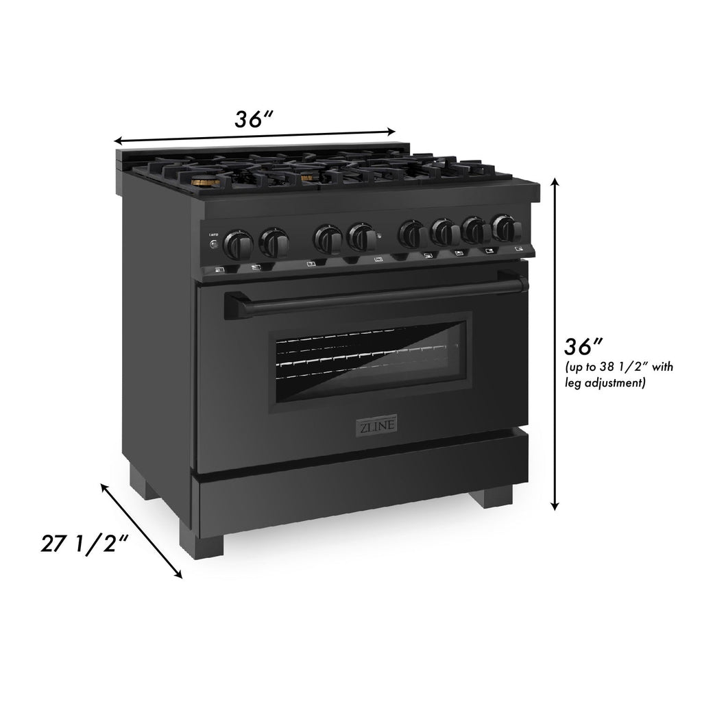 ZLINE 36-Inch Professional Dual Fuel Range, Black Stainless Steel, Brass Burners, Model RAB-BR-36