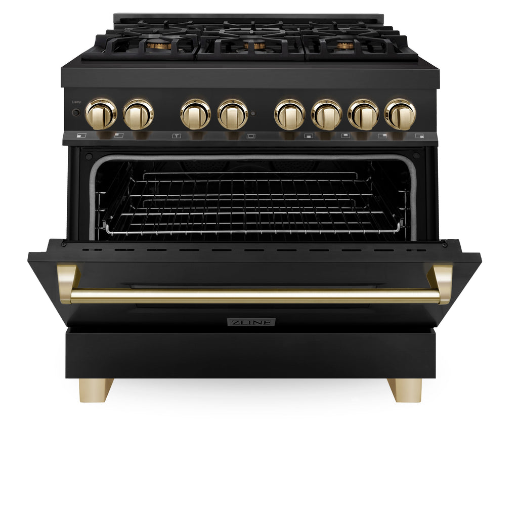 ZLINE Autograph Edition 36 in. 4.6 cu. ft. Dual Fuel Range in Black Stainless Steel with Polished Gold Accents (RABZ-36-G)