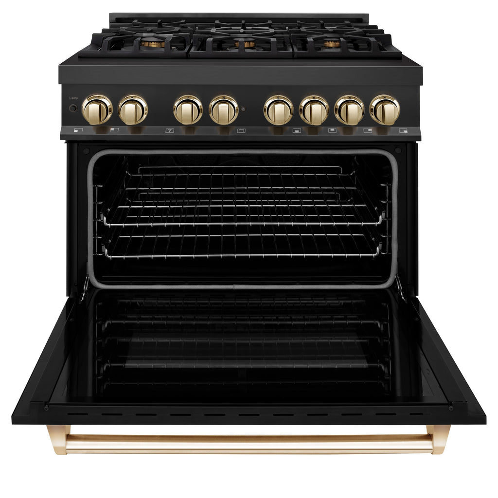ZLINE Autograph Edition 36 in. 4.6 cu. ft. Dual Fuel Range in Black Stainless Steel with Polished Gold Accents (RABZ-36-G)