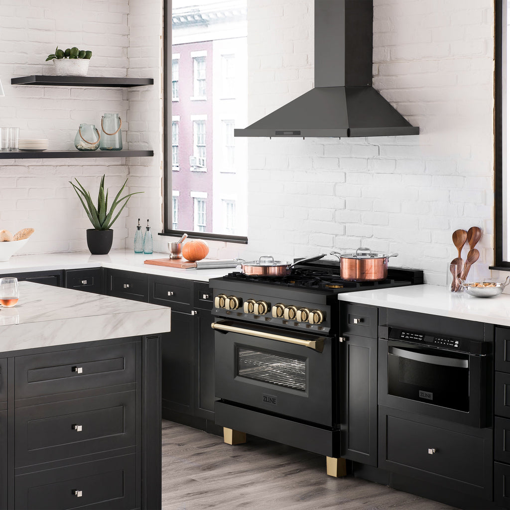 ZLINE Autograph Edition 36 in. 4.6 cu. ft. Dual Fuel Range in Black Stainless Steel with Polished Gold Accents (RABZ-36-G)