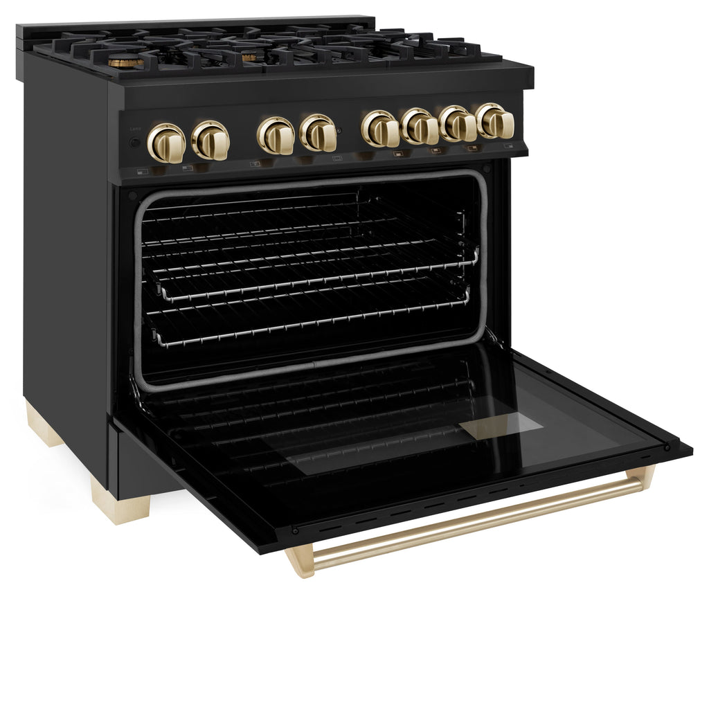 ZLINE Autograph Edition 36 in. 4.6 cu. ft. Dual Fuel Range in Black Stainless Steel with Polished Gold Accents (RABZ-36-G)