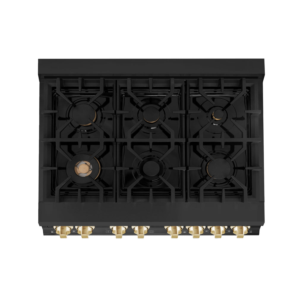ZLINE Autograph Edition 36 in. 4.6 cu. ft. Dual Fuel Range in Black Stainless Steel with Polished Gold Accents (RABZ-36-G)