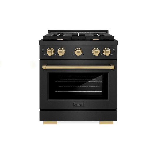 ZLINE 30 in. Dual Fuel Range 4.2 cu. ft. 4 Burner Gas Cooktop Convection Oven Black Satin Stainless Steel Champagne Bronze Accents (SDRBSZ-30-CB)