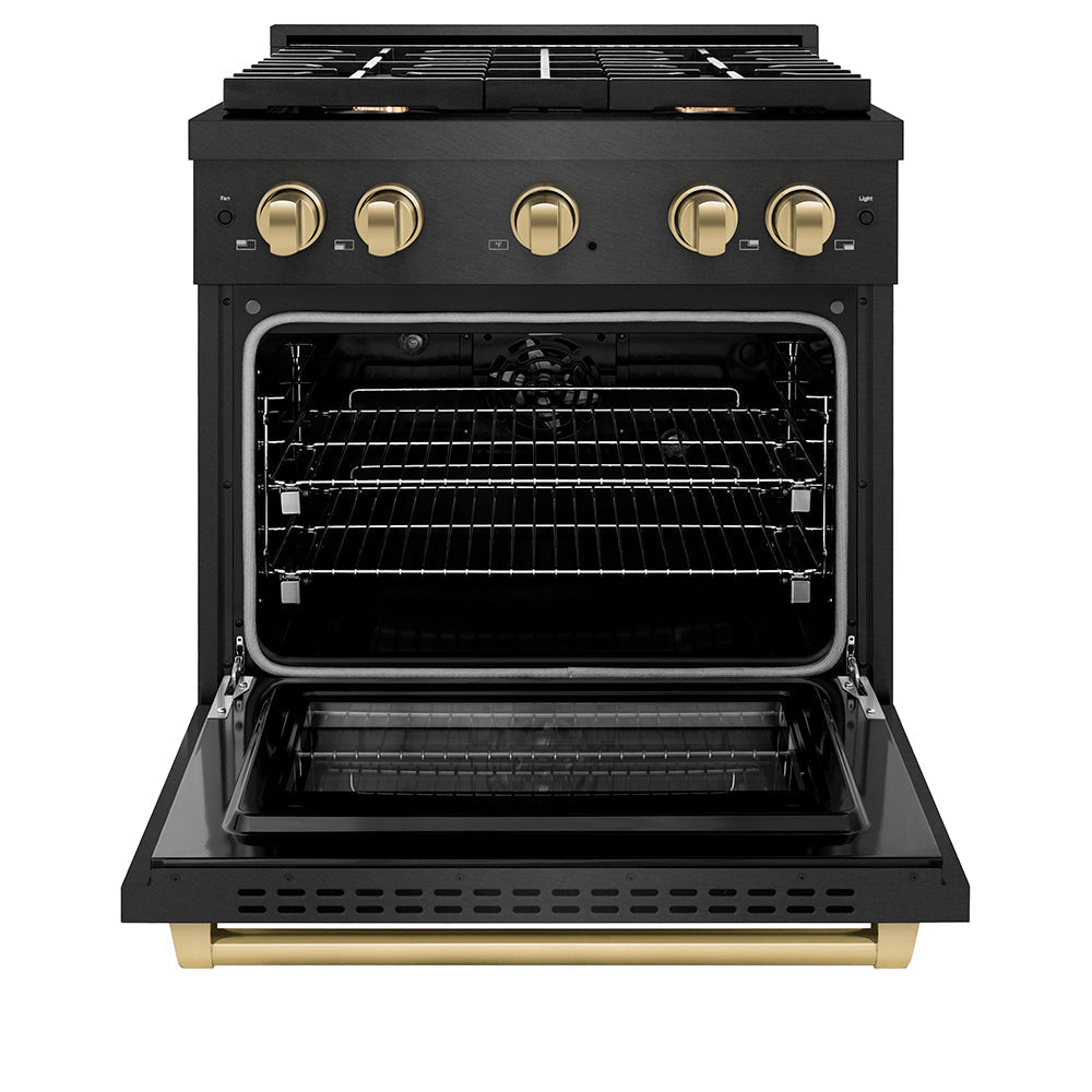 ZLINE 30 in. Dual Fuel Range 4.2 cu. ft. 4 Burner Gas Cooktop Convection Oven Black Satin Stainless Steel Champagne Bronze Accents (SDRBSZ-30-CB)