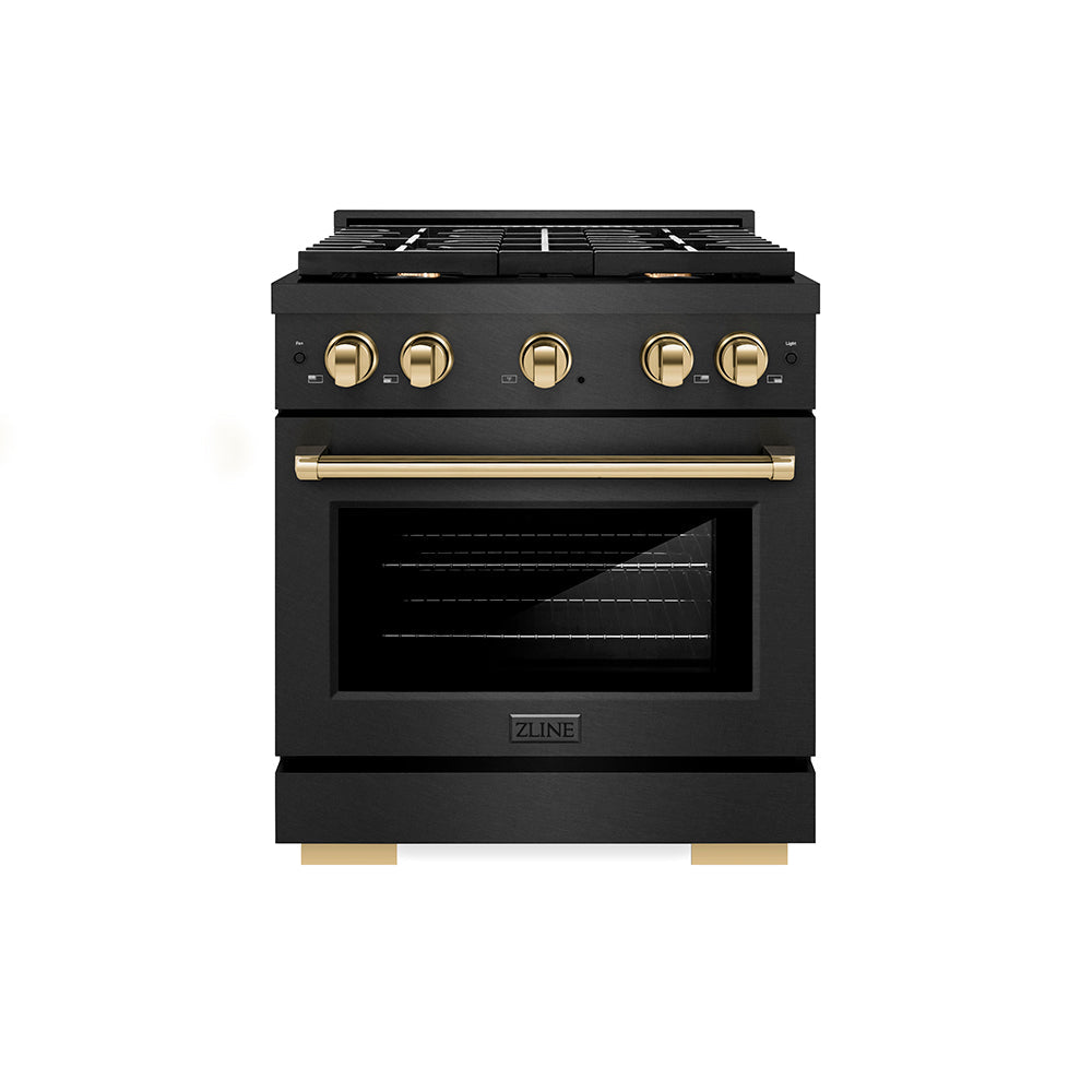ZLINE 30 in. Dual Fuel Range 4.2 cu. ft. 4 Burner Gas Cooktop Black Satin Stainless Steel with Gold Accents (SDRBSZ-30-G)