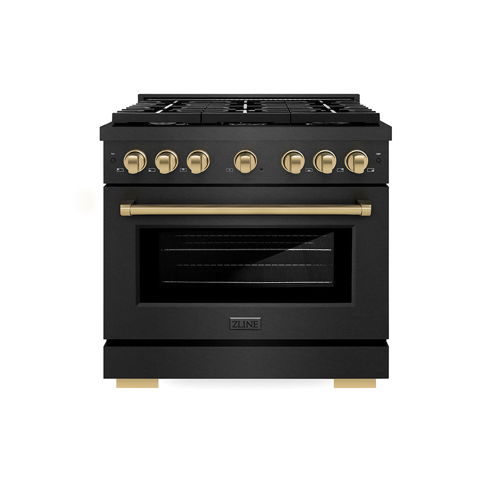 ZLINE 36 in. Dual Fuel Range 5.2 cu. ft. 6 Burner Gas Cooktop Convection Oven Black Satin Stainless Steel Champagne Bronze Accents (SDRBSZ-36-CB)