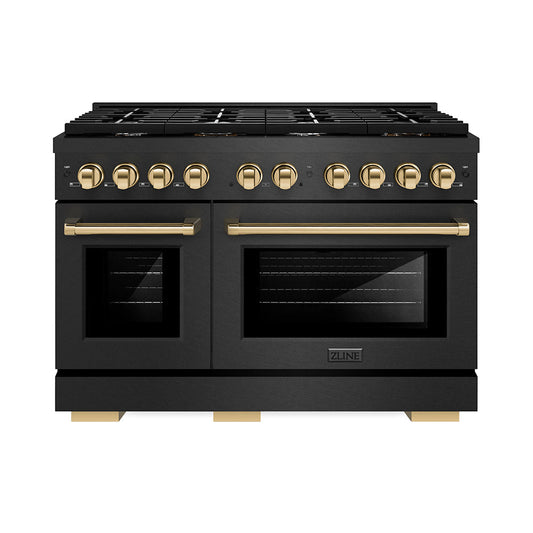 ZLINE 48 in. Dual Fuel Range 6.7 cu. ft. 8 Burner Gas Cooktop Black Satin Stainless Steel with Gold Accents (SDRBSZ-48-G)