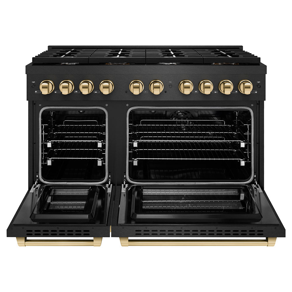 ZLINE 48 in. Dual Fuel Range 6.7 cu. ft. 8 Burner Gas Cooktop Black Satin Stainless Steel with Gold Accents (SDRBSZ-48-G)