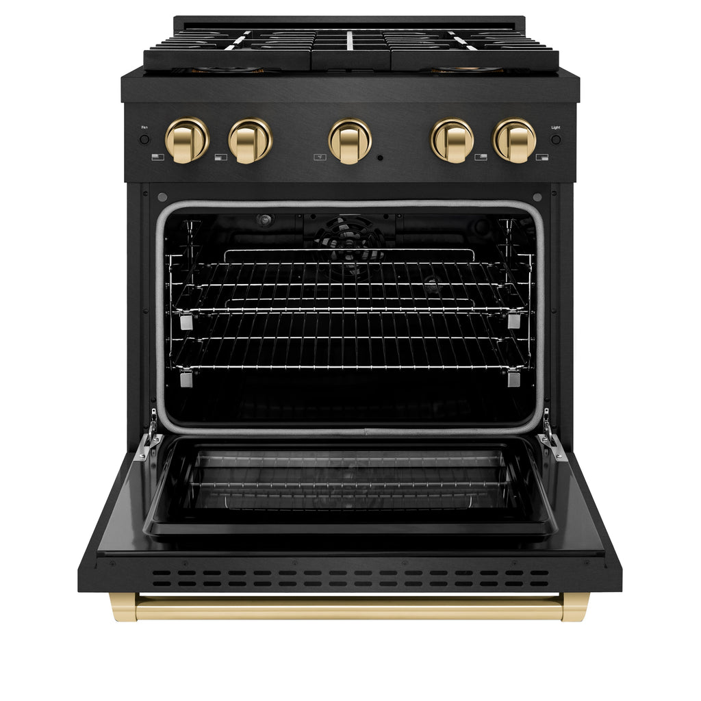 ZLINE 30 in. Dual Fuel Range 4.2 cu. ft. 4 Burner DuoPro™ Cooktop Black Satin Stainless Steel with Polished Gold Accents (PSDRBSZ-30-G)