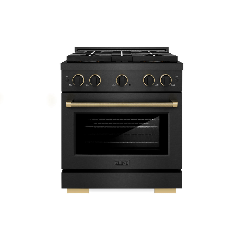 ZLINE 30 in. Dual Fuel Range 4.2 cu. ft. 4 Burner DuoPro Cooktop Black Satin Black & Champagne Accents (PSDRBSZ-30-MBCB)