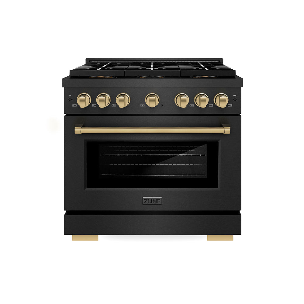ZLINE 36 in. Dual Fuel Range 5.2 cu. ft. 6 Burners DuoPro™ Cooktop Black Satin Stainless Steel Champagne Bronze Accents (PSDRBSZ-36-CB)