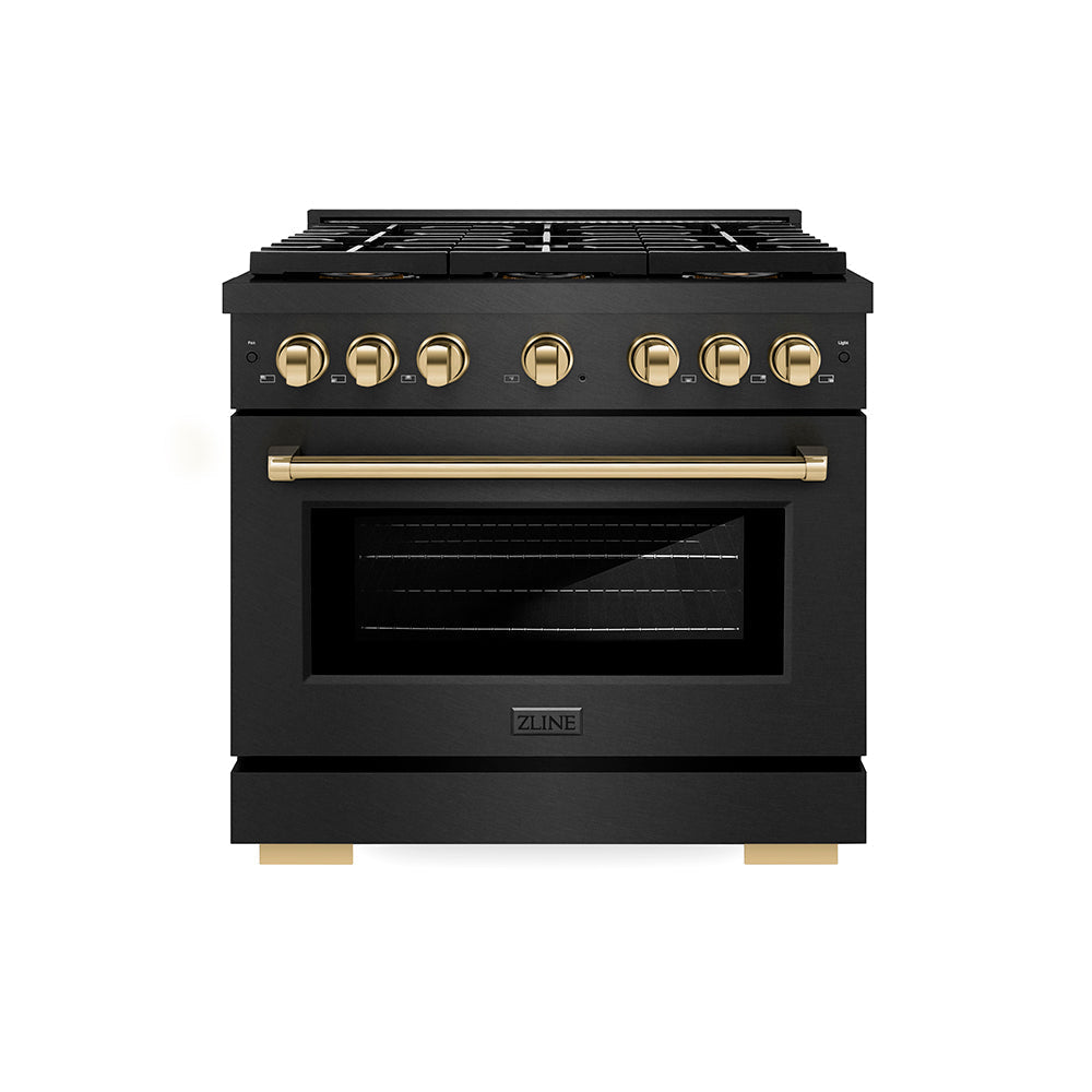 ZLINE 36 in. Dual Fuel Range 5.2 cu. ft. 6 Burner DuoPro™ Cooktop Black Satin Stainless Steel with Gold Accents (PSDRBSZ-36-G)