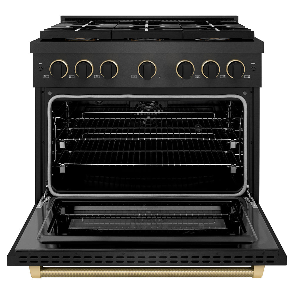 ZLINE 36 in. Dual Fuel Range 5.2 cu. ft. 6 Burner DuoPro Cooktop Black Satin with Black & Champagne Accents (PSDRBSZ-36-MBCB)