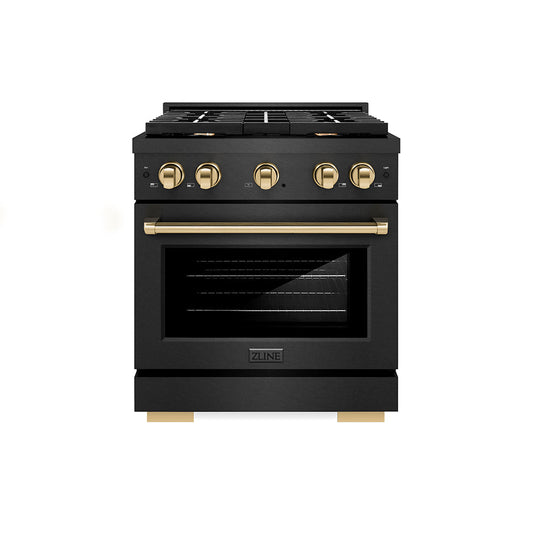ZLINE 30 in. Gas Range 4.2 cu. ft. 4 Burner Cooktop Convection Oven Black Satin with Gold Accents (SGRBSZ-30-G)