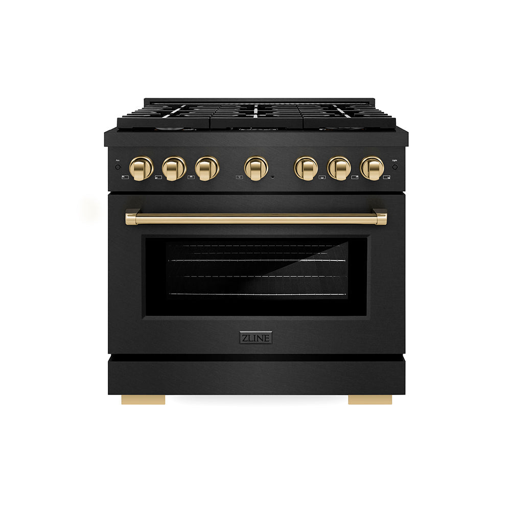 ZLINE 36 in. Gas Range 6 Burner Cooktop 5.2 cu. ft. Convection Oven Black Satin Stainless Steel with Gold Accents (SGRBSZ-36-G)