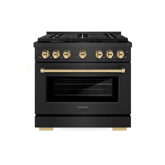 ZLINE 36 in. Gas Range 6 Burner Cooktop 5.2 cu. ft. Convection Oven Black Satin Stainless Steel with Gold Accents (SGRBSZ-36-G)
