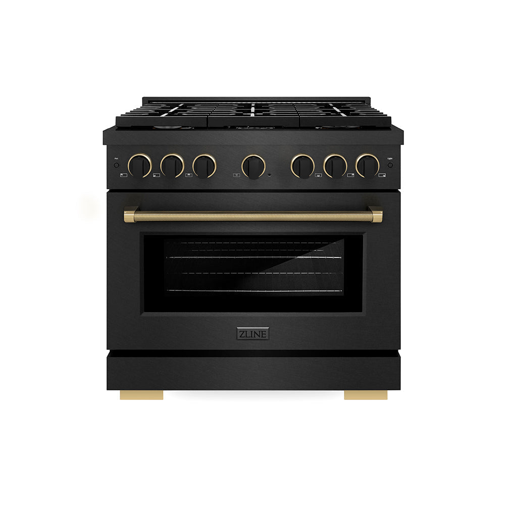 ZLINE 36 in. Gas Range 5.2 cu. ft. 6 Burner Cooktop Black Satin Stainless Steel Matte Black Champagne Bronze Accents (SGRBSZ-36-MBCB)