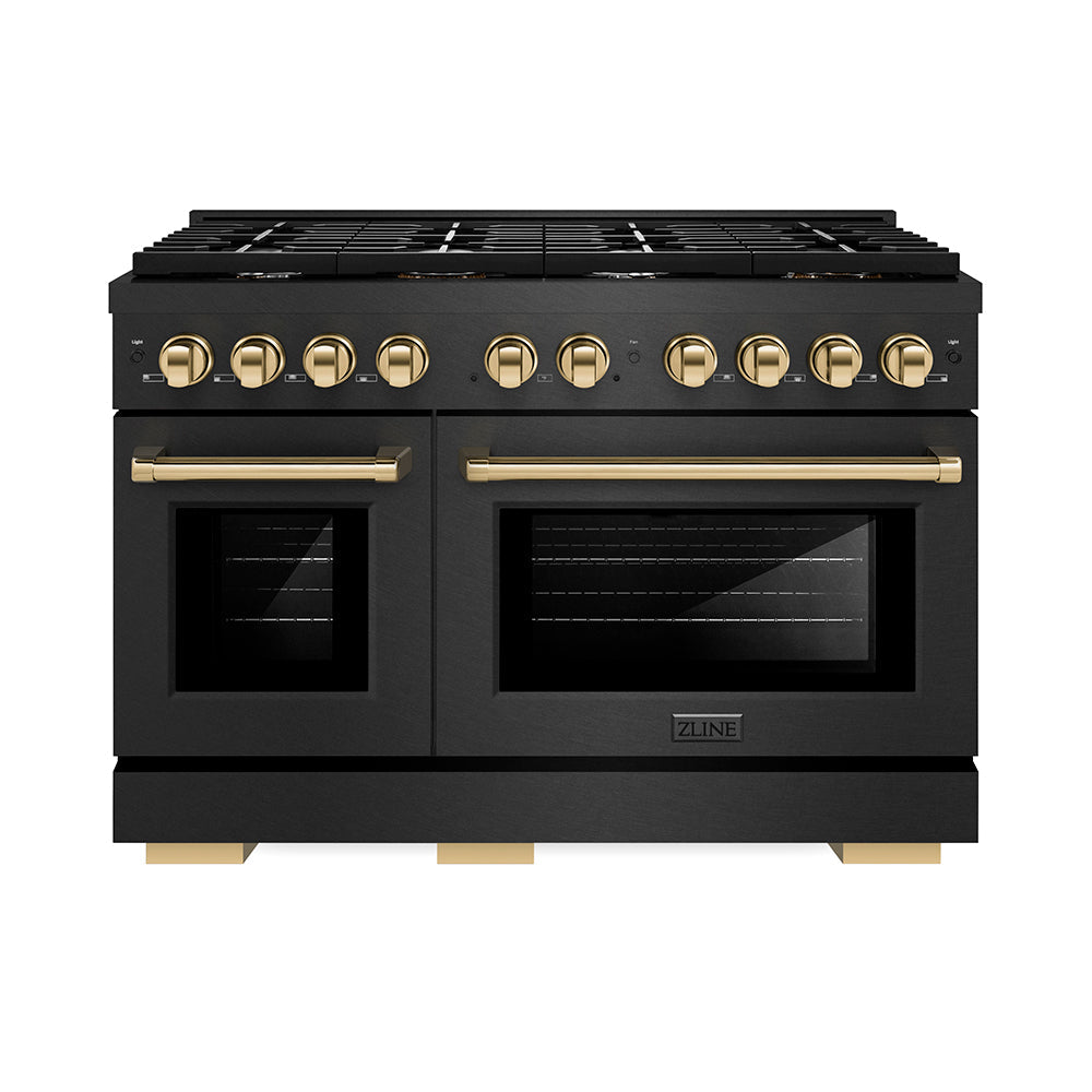 ZLINE 48 in. Gas Range Double Oven 6.7 cu. ft. 8 Burners Black Satin Stainless Steel with Gold Accents (SGRBSZ-48-G)