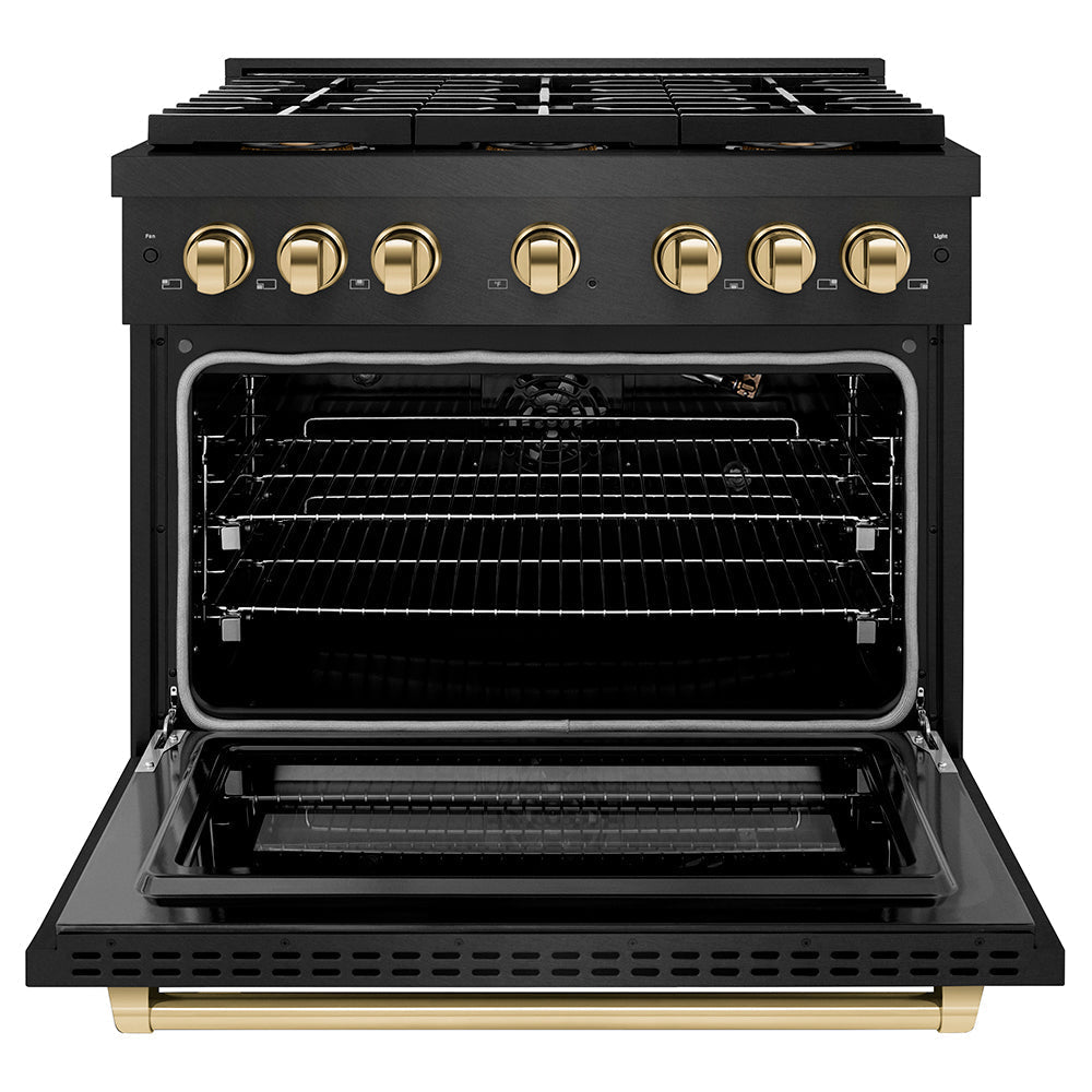 ZLINE 36 in. Gas Range 5.2 cu. ft. 6 Burner DuoPro™ Cooktop Black Satin Stainless Steel with Polished Gold Accents (PSGRBSZ-36-G)