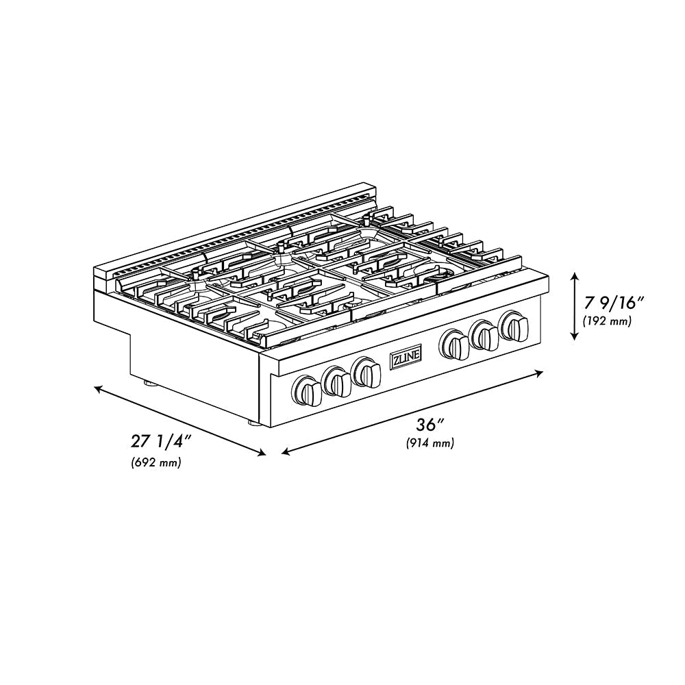 ZLINE 36" Paramount Gas Rangetop with 6 Burners and Porcelain Cooktop in Black Satin Stainless Steel, SRTBS-36