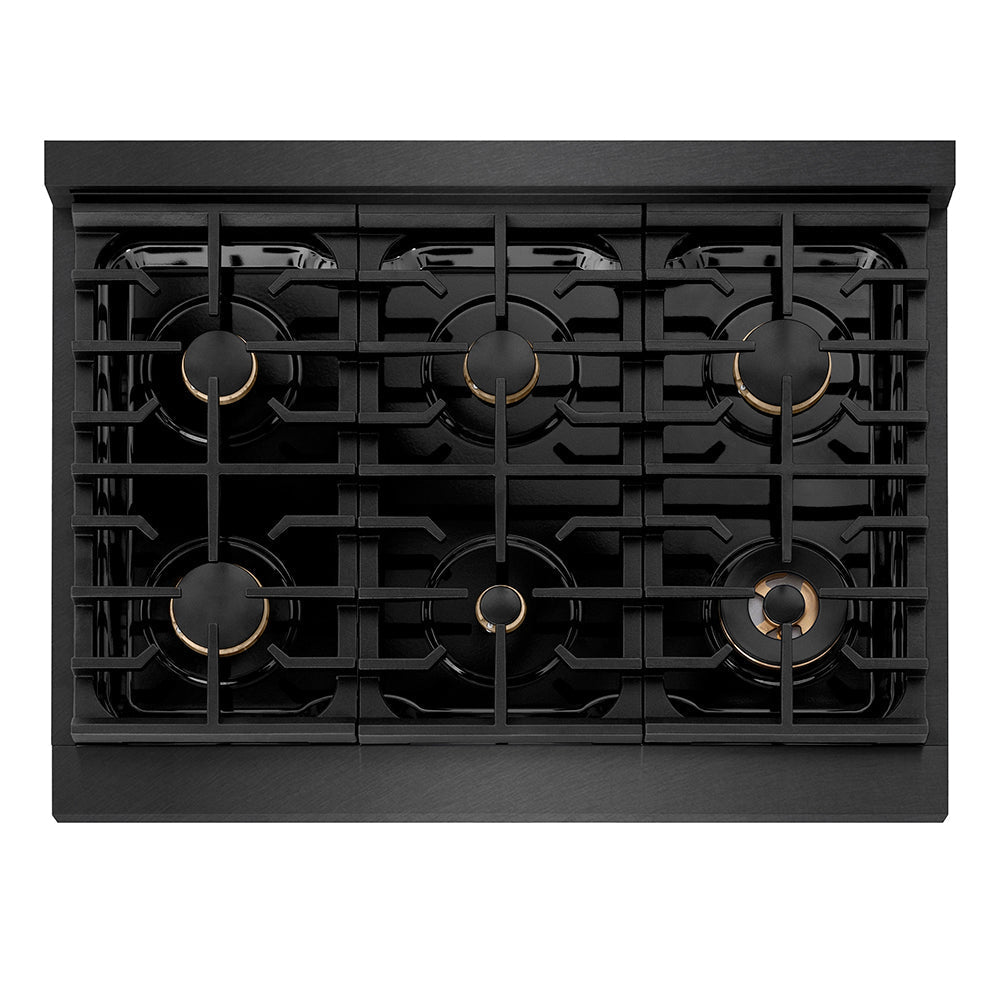 ZLINE 36" Paramount Gas Rangetop with 6 Brass Burners and Porcelain Cooktop in Black Satin Stainless Steel, SRTBS-BR-36