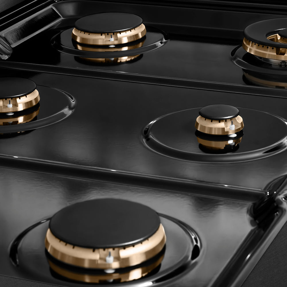 ZLINE Autograph 36" Paramount Gas Rangetop with 6 Burners and Porcelain Cooktop in Black Satin with Polished Gold Accents, SRTBSZ-36-G