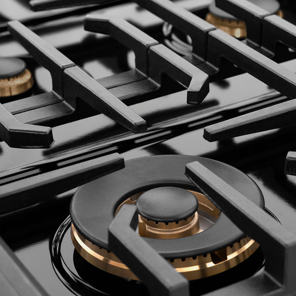 ZLINE Autograph 48" Paramount Gas Rangetop with 8 Burners and Porcelain Cooktop in Black Satin with Gold Accents, SRTBSZ-48-G