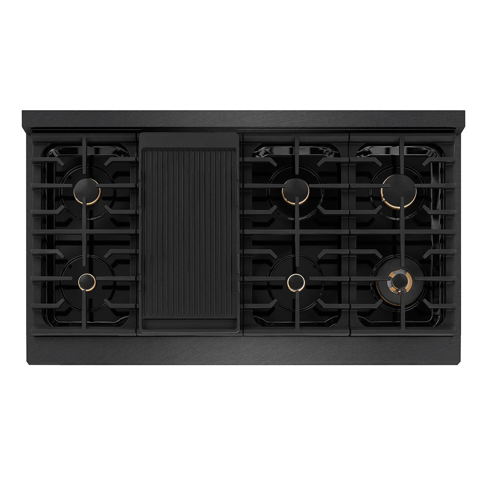ZLINE Autograph 48" Paramount Gas Rangetop with 8 Burners and Porcelain Cooktop in Black Satin with Gold Accents, SRTBSZ-48-G