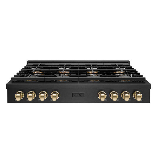 ZLINE 48 in. Gas Rangetop 8 Burner DuoPro™ Cooktop Black Satin Stainless Steel Polished Gold Accents (PSRTBSZ-48-G)