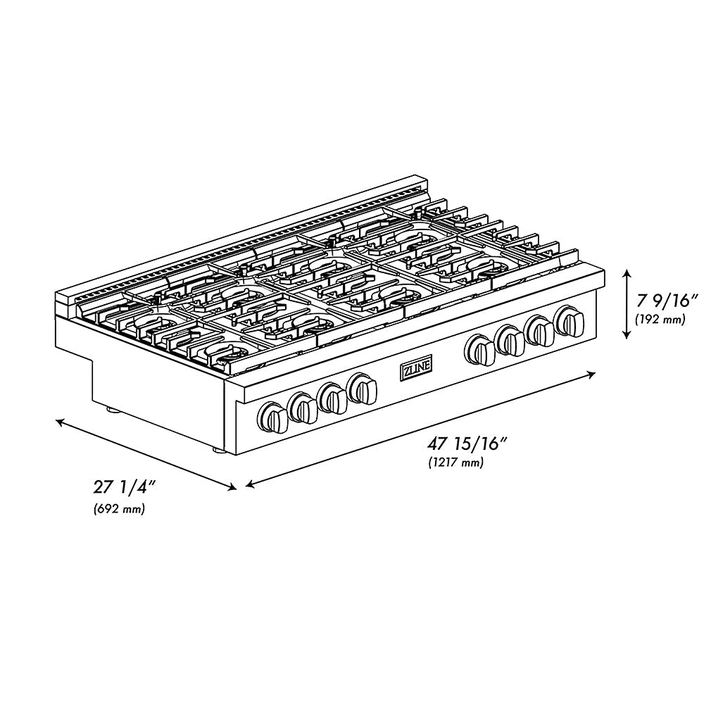 ZLINE 48 in. Gas Rangetop 8 Burner DuoPro™ Cooktop Black Satin Stainless Steel Matte Black & Champagne Bronze Accents (PSRTBSZ-48-MBCB)