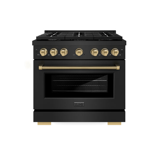 ZLINE 36 in Dual Fuel Range 5.2 cu. ft. 6 Burner Gas Cooktop Electric Convection Oven Black Stainless Steel Champagne Bronze Helix Handles (SDRBZ-36-KCB)