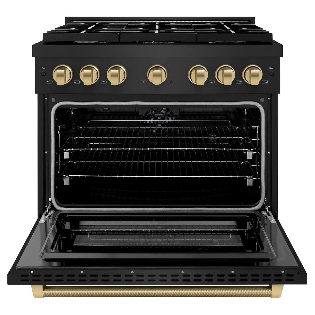 ZLINE 36 in Dual Fuel Range 5.2 cu. ft. 6 Burner Gas Cooktop Electric Convection Oven Black Stainless Steel Champagne Bronze Helix Handles (SDRBZ-36-KCB)