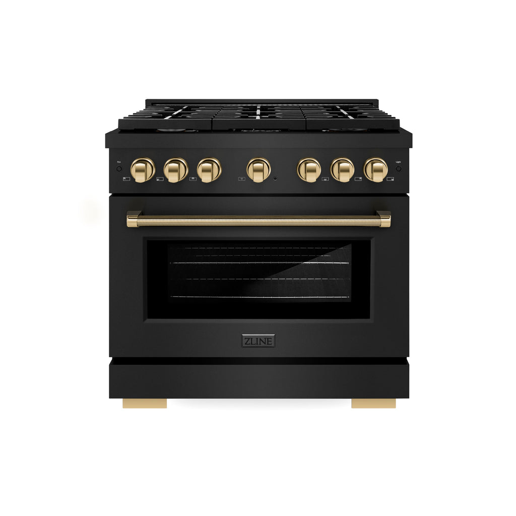 ZLINE 36 in. Dual Fuel Range 5.2 cu. ft. 6 Burners Gas Cooktop Electric Convection Oven Black Stainless Steel Polished Gold Accents (SDRBZ-36-KG)