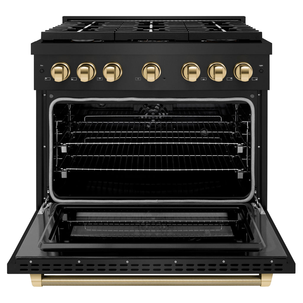 ZLINE 36 in. Dual Fuel Range 5.2 cu. ft. 6 Burners Gas Cooktop Electric Convection Oven Black Stainless Steel Polished Gold Accents (SDRBZ-36-KG)