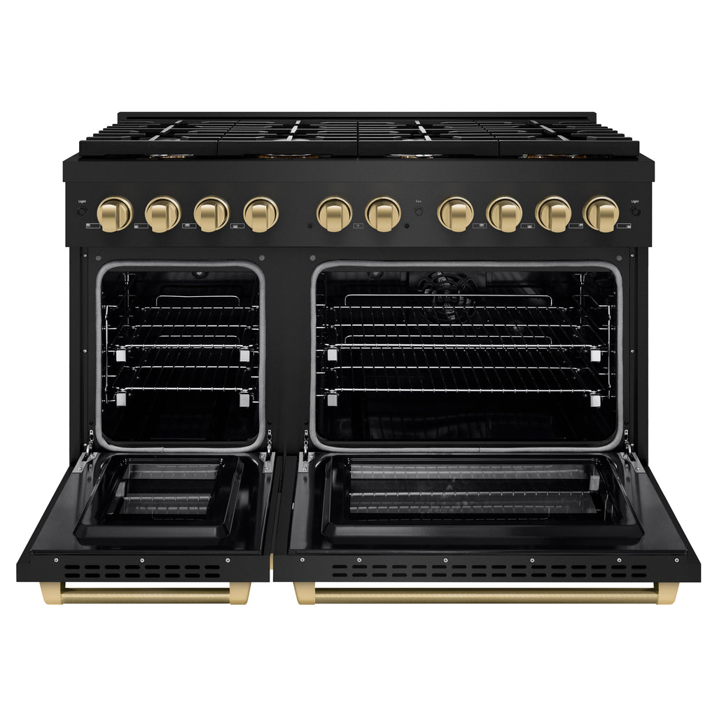ZLINE 48 in. Dual Fuel Range 6.7 cu. ft. Double Oven, 8 Burner Gas Cooktop, Black Stainless Steel, Champagne Bronze Helix Handles & Knobs (SDRBZ-48-KCB)