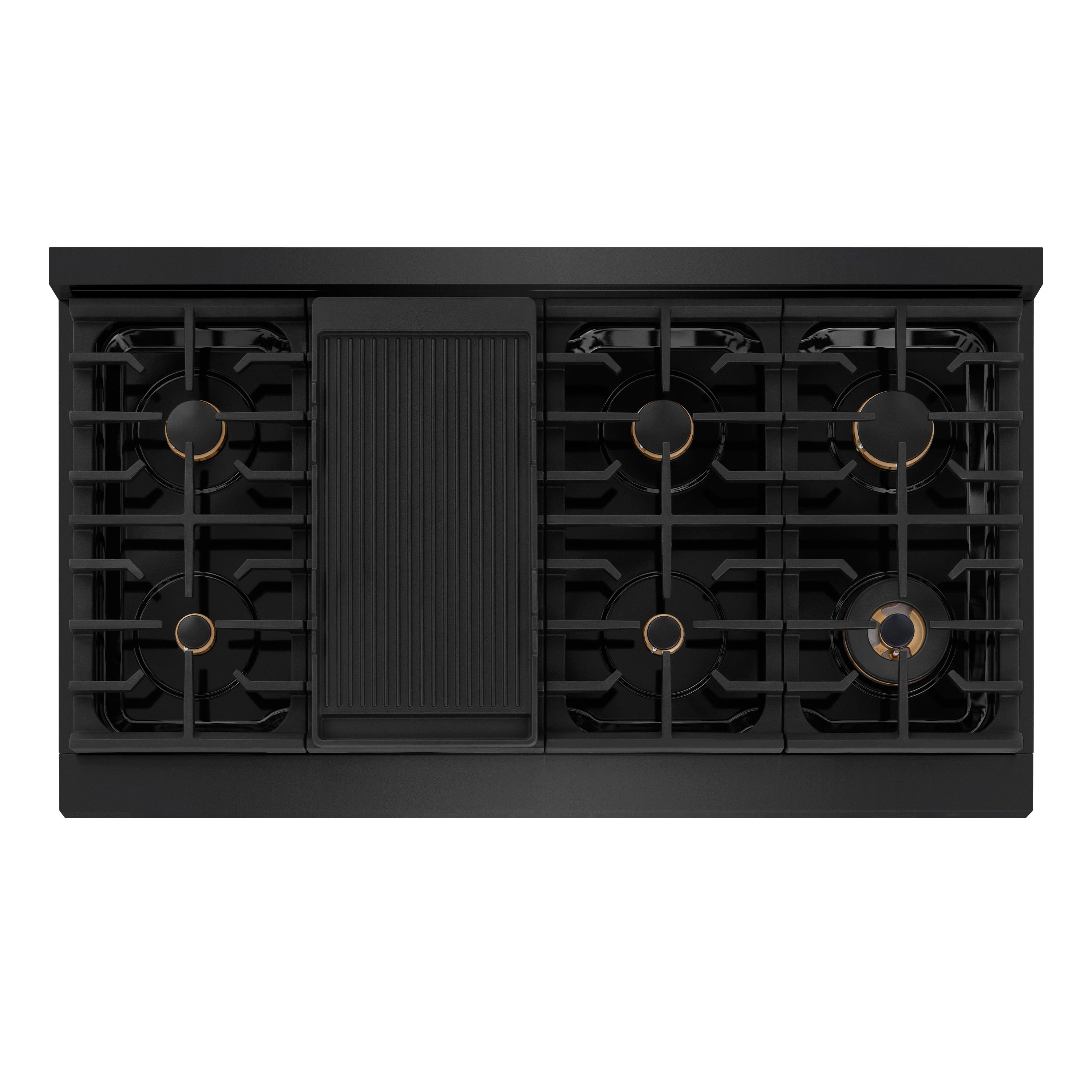 ZLINE 48 in. Dual Fuel Range 6.7 cu. ft. Double Oven, 8 Burner Gas Cooktop, Black Stainless Steel, Champagne Bronze Helix Handles & Knobs (SDRBZ-48-KCB)