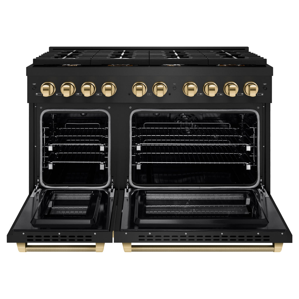 ZLINE 48 in. Dual Fuel Range Double Oven 6.7 cu. ft. 8 Burner Gas Cooktop Black Stainless Steel Polished Gold Helix Handles (SDRBZ-48-KG)