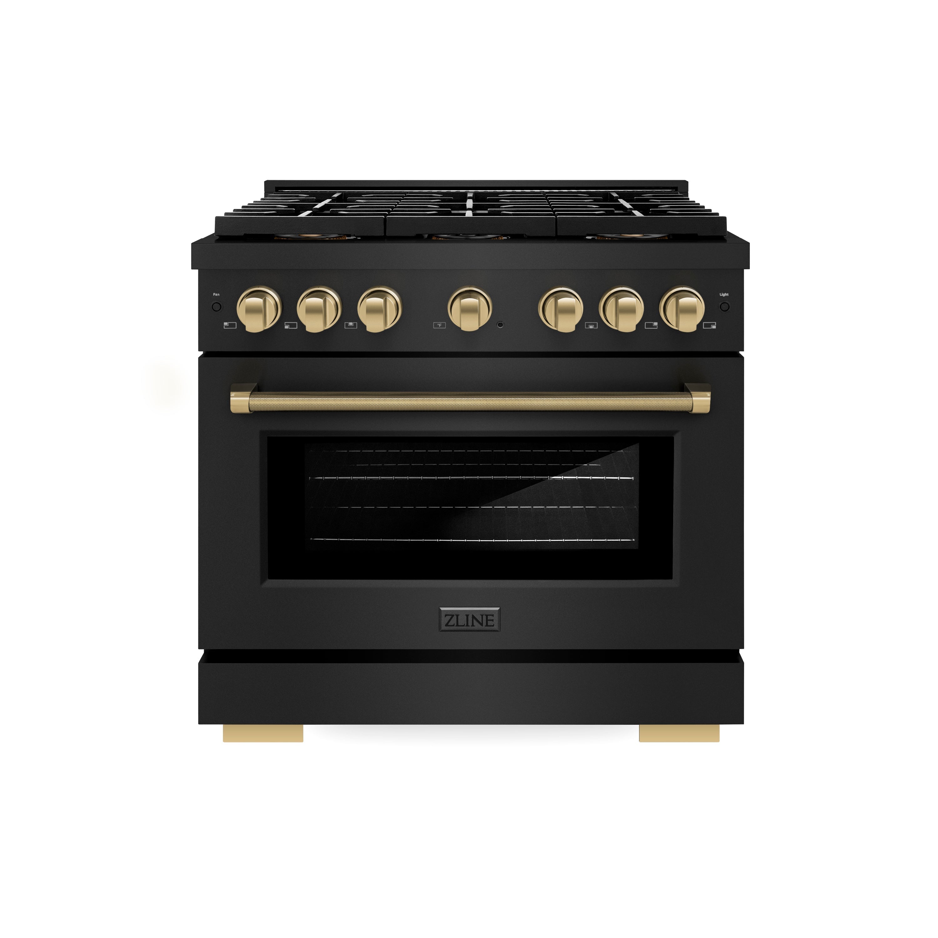 ZLINE 36 in. Dual Fuel Range 5.2 cu. ft. 6 Burner DuoPro™ Cooktop Electric Convection Oven Black Stainless Steel Champagne Bronze Helix Handle (PSDRBZ-36-KCB)