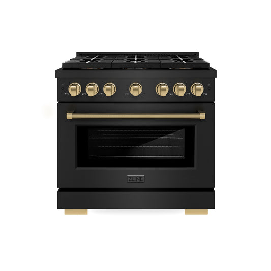 ZLINE 36 in. Dual Fuel Range 5.2 cu. ft. 6 Burner DuoPro™ Cooktop Electric Convection Oven Black Stainless Steel Champagne Bronze Helix Handle (PSDRBZ-36-KCB)