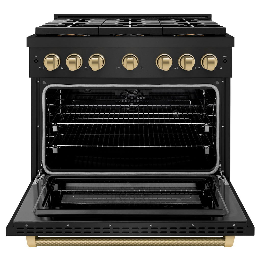 ZLINE 36 in. Dual Fuel Range 5.2 cu. ft. 6 Burner DuoPro™ Cooktop Electric Convection Oven Black Stainless Steel Champagne Bronze Helix Handle (PSDRBZ-36-KCB)