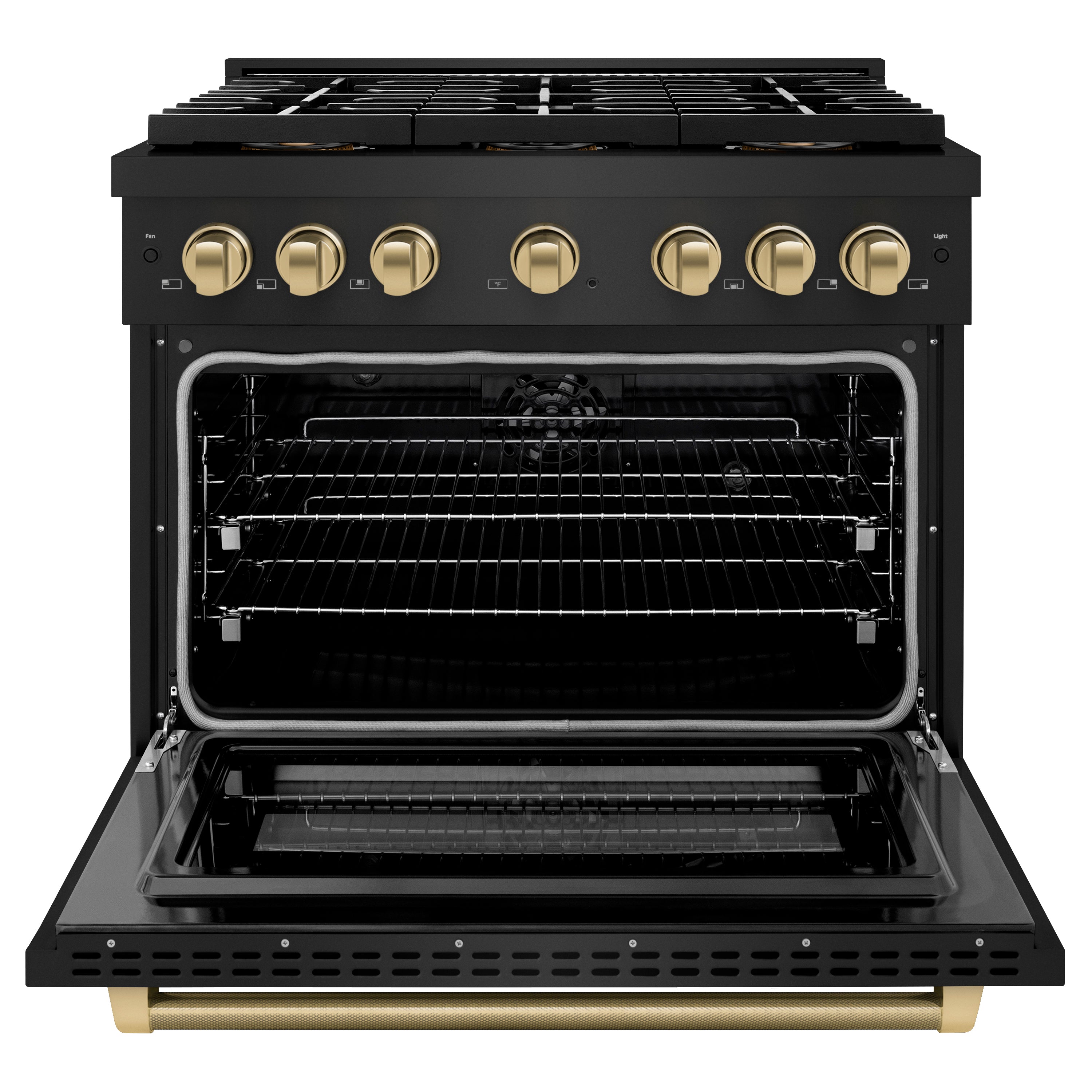 ZLINE 36 in. Dual Fuel Range 5.2 cu. ft. 6 Burner DuoPro™ Cooktop Electric Convection Oven Black Stainless Steel Champagne Bronze Helix Handle (PSDRBZ-36-KCB)