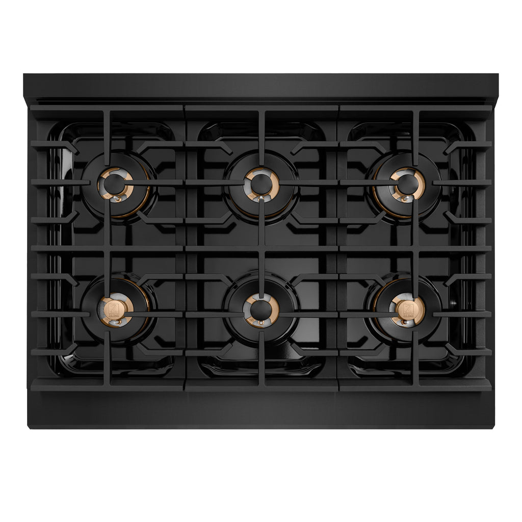 ZLINE 36 in. Dual Fuel Range 5.2 cu. ft. 6 Burner DuoPro™ Cooktop Electric Convection Oven Black Stainless Steel Champagne Bronze Helix Handle (PSDRBZ-36-KCB)