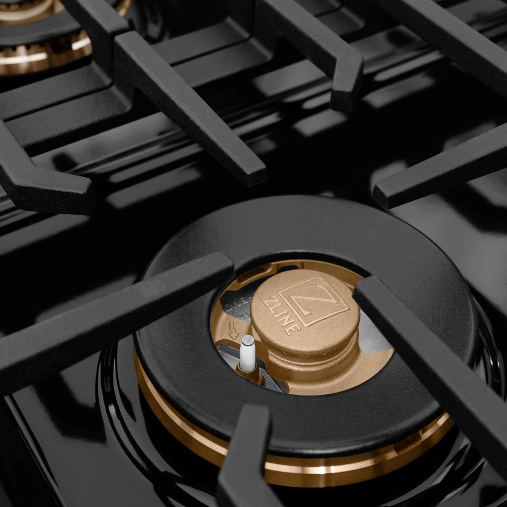 ZLINE 48 in. Dual Fuel Range 6.7 cu. ft. 8 Burner DuoPro Cooktop Dual Oven Black Stainless Steel Champagne Bronze Helix Handles (PSDRBZ-48-KCB)