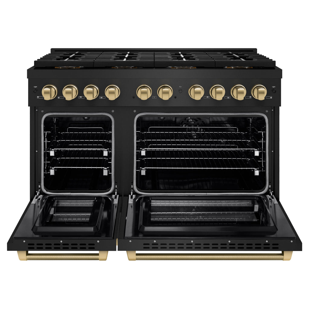 ZLINE 48 in. Dual Fuel Range 6.7 cu. ft. 8 Burner DuoPro Cooktop Dual Oven Black Stainless Steel Champagne Bronze Helix Handles (PSDRBZ-48-KCB)