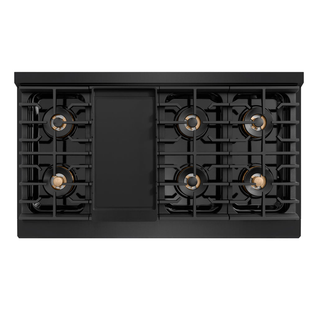 ZLINE 48 in. Dual Fuel Range 6.7 cu. ft. 8 Burner DuoPro Cooktop Dual Oven Black Stainless Steel Champagne Bronze Helix Handles (PSDRBZ-48-KCB)
