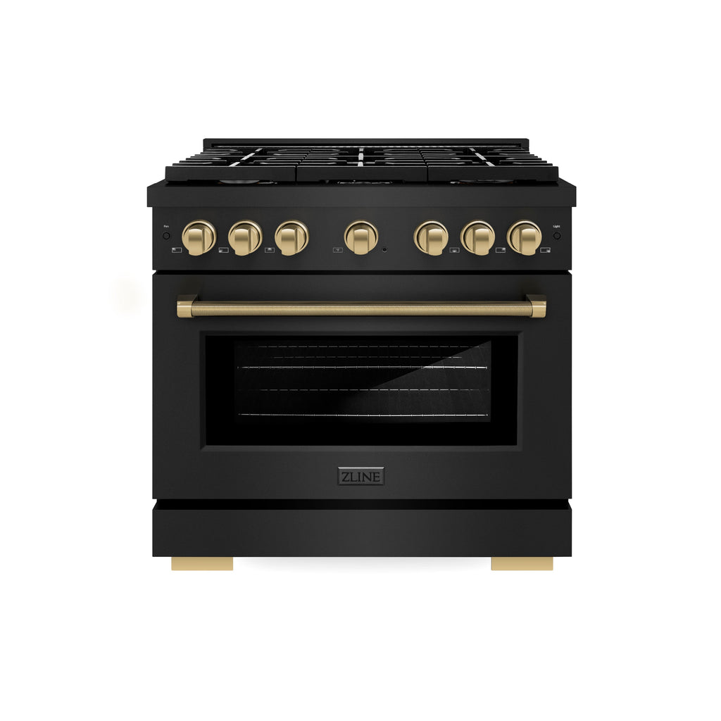ZLINE 36 in. Gas Range 5.2 cu. ft. 6 Burner Cooktop Convection Gas Oven Black Stainless Steel Champagne Bronze Helix Handle Accents (SGRBZ-36-KCB)