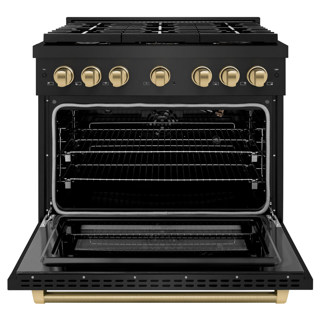 ZLINE 36 in. Gas Range 5.2 cu. ft. 6 Burner Cooktop Convection Gas Oven Black Stainless Steel Champagne Bronze Helix Handle Accents (SGRBZ-36-KCB)
