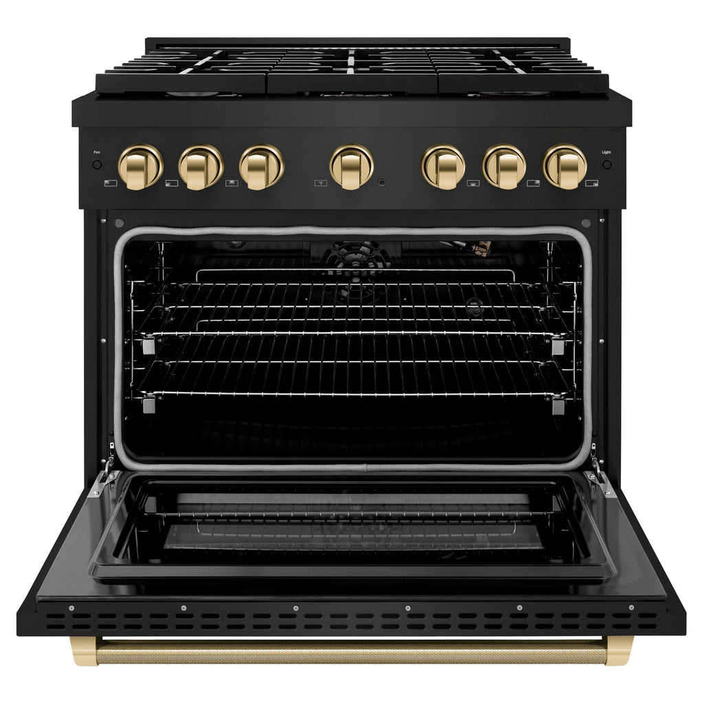 ZLINE 36 in. Gas Range 5.2 cu. ft. 6 Burner Cooktop Convection Gas Oven Black Stainless Steel Polished Gold Helix Handle & Knob Accents (SGRBZ-36-KG)